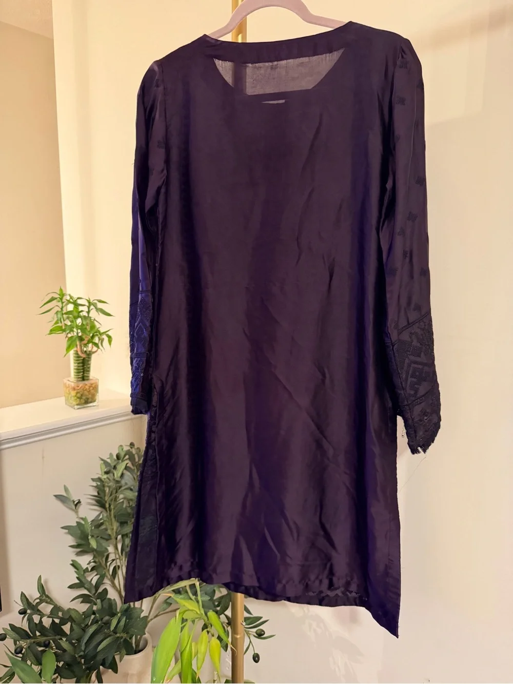 Limelight Dark Purple Embroidered Long Sleeve silk Tunic